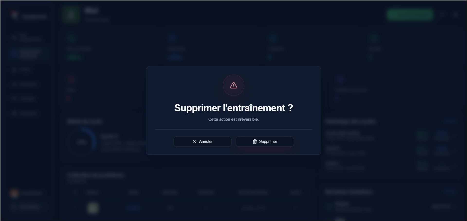 Confirmation de suppression d'un entraînement